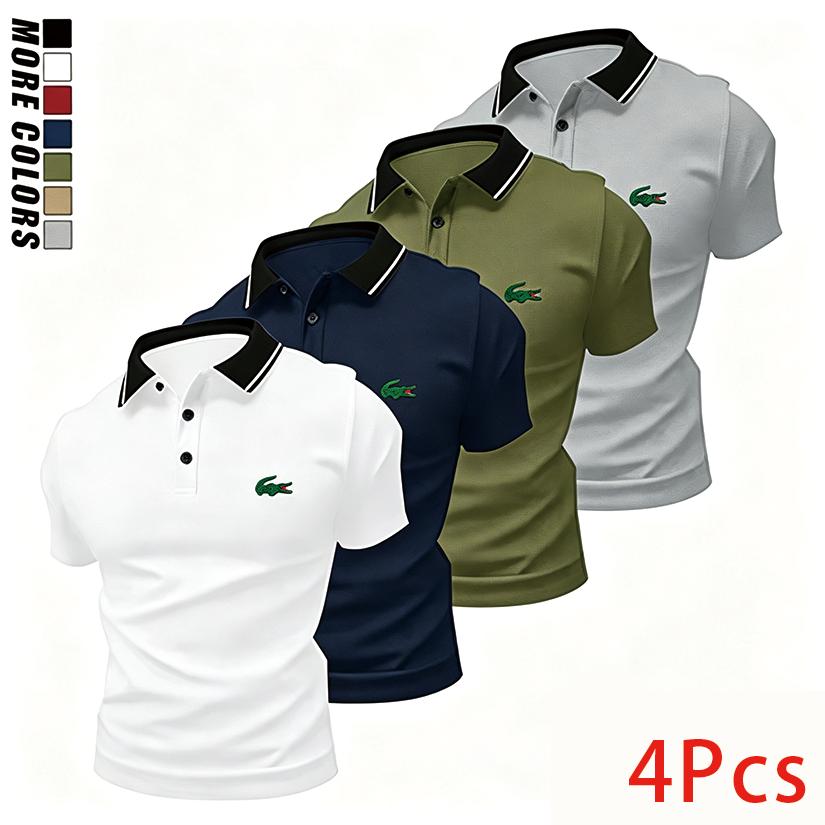 Men's Slim-Fitted Shortsleeve Croco Print Polyester Polo Shirts (4-Pack) - Menswear with Collar, Button Placket, Stretchy Comfort, Machine Washable - Suitable for Golf, Everyday Casual Wear