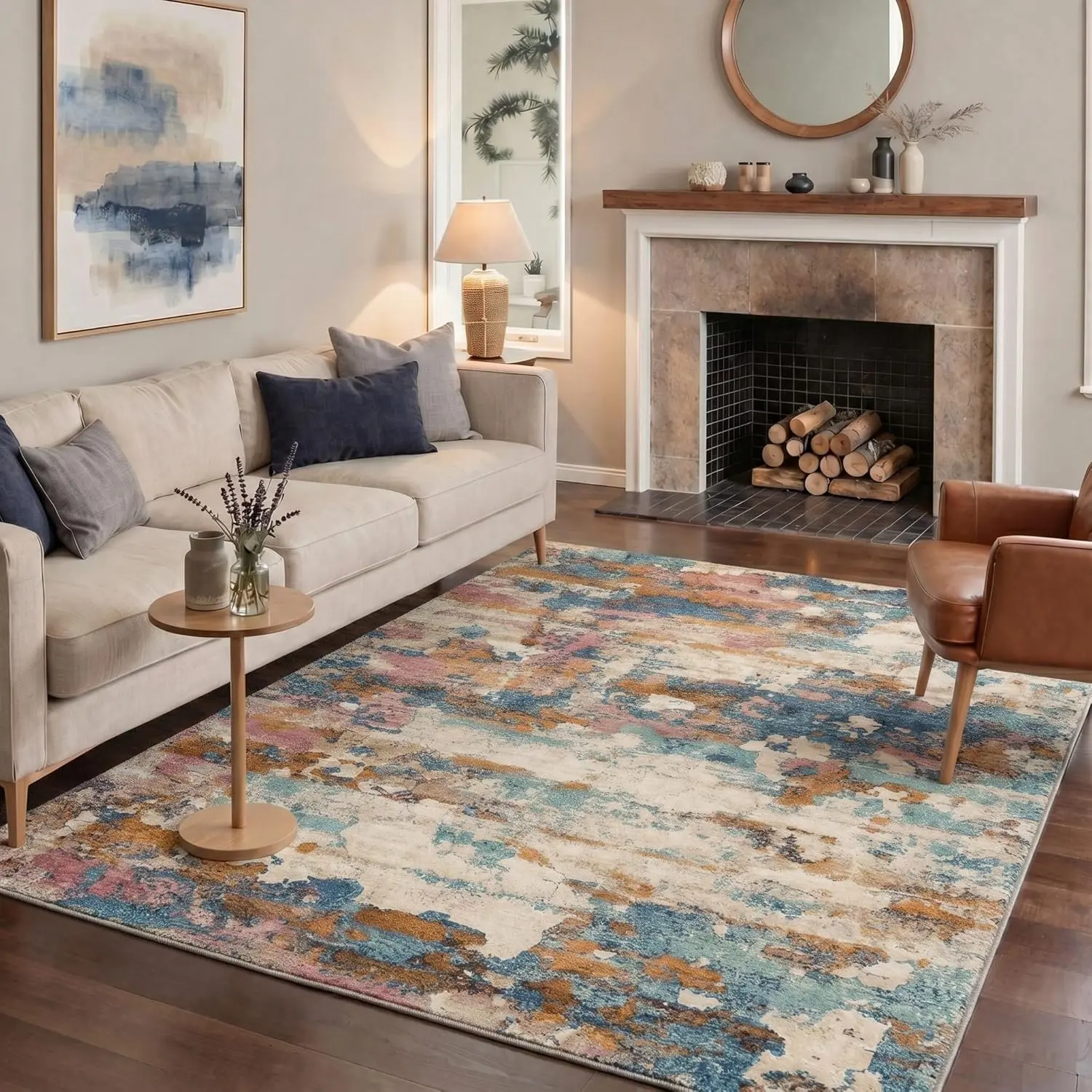 Washable Rug Low Pile Lightweight Non Slip with Modern Abstract Brush Strokes Print Pattern for Living Room, Bedroom, Dining Room, Home Office, Dusty Terracotta