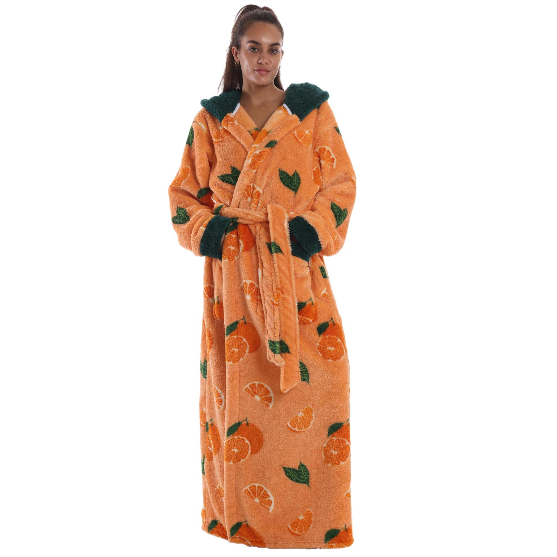 Msrlassn 1Pcs Cozy Soft Bathrobe Flannel Lined Hooded Robe for Women , Thickened Long Sleeve Pyjamas Cute Print Home Loungewear Sleepwear Gowns