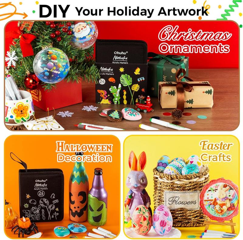 Ohuhu Acrylic Brush Tip Paint Markers 24 Pack/ 48 pack Vibrant Colors with Flexible Brush Tips High-Opacity Waterproof Lightfast Pens for Rock Wood Glass & More