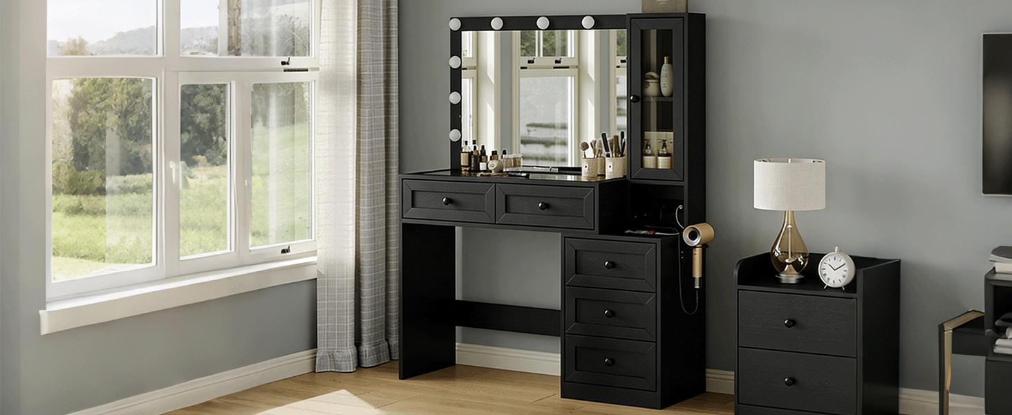 CollaredEagle 43" W Vanity Desk with Mirror & 11 Lights, 5 Drawer Modern Makeup Desk with Glass top  3 Lighting Modes Brightness Adjustable,,Vanity Table with Power Outlet.