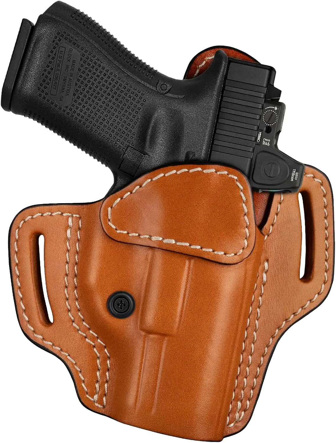 OWB Pancake Leather Holster for Glock 19/17 Gen 3– Gen 6 MOS & S&W M&P9 M2.0 Compact 4" & 4.25", H&K VP9, CZ P-10 C, Springfield Echelon 4.0C, Walther PDP 4", Optics Ready, Adjustable Retention, Brown
