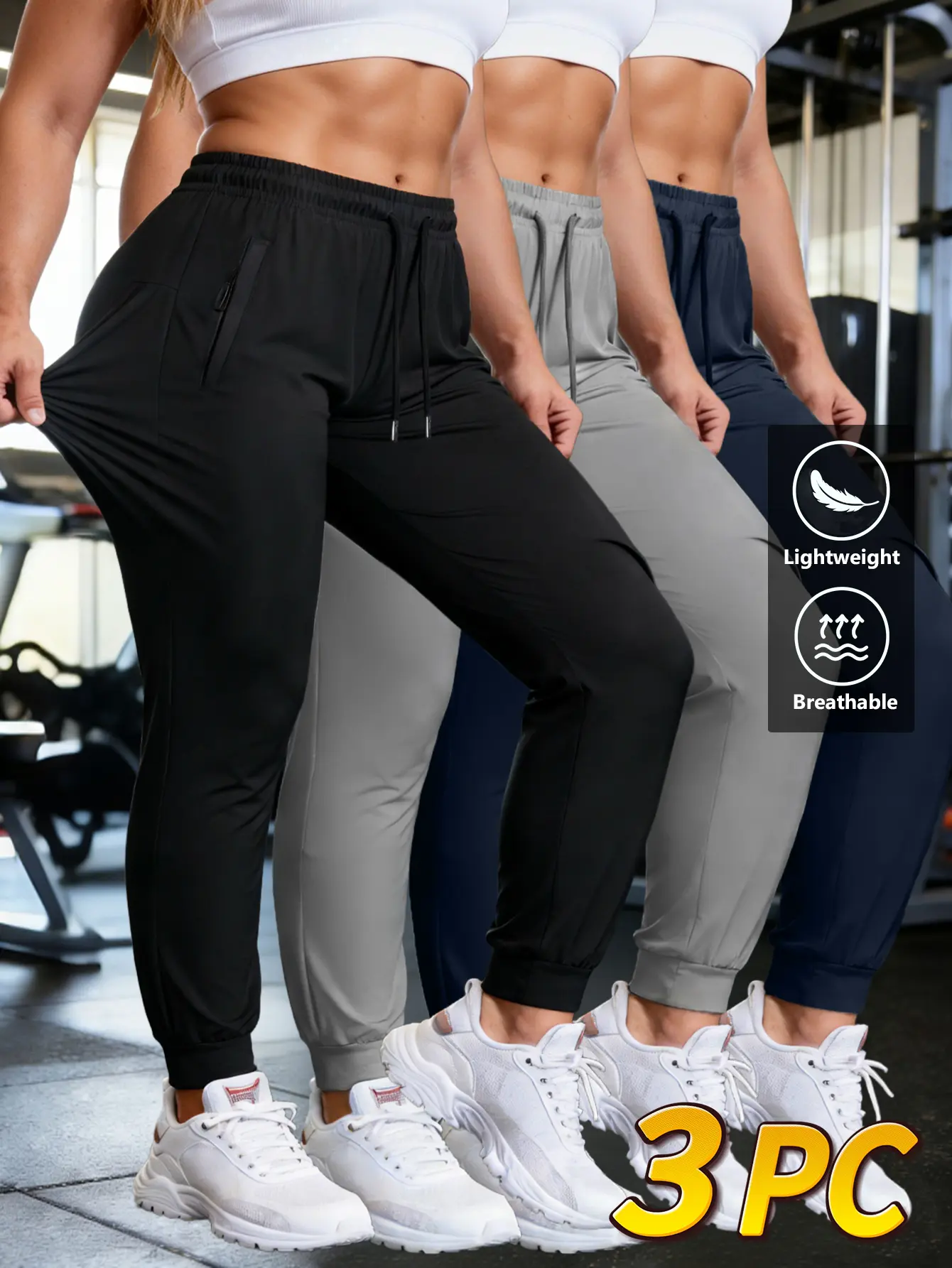 Women's 3-Pack Casual Comfy Joggers, Lightweight Athletic Sweatpants for Women with Zipper Pockets and Elastic Waist for Yoga & Lounging, Athletic Joggers Pants, Elastic Waist Joggers