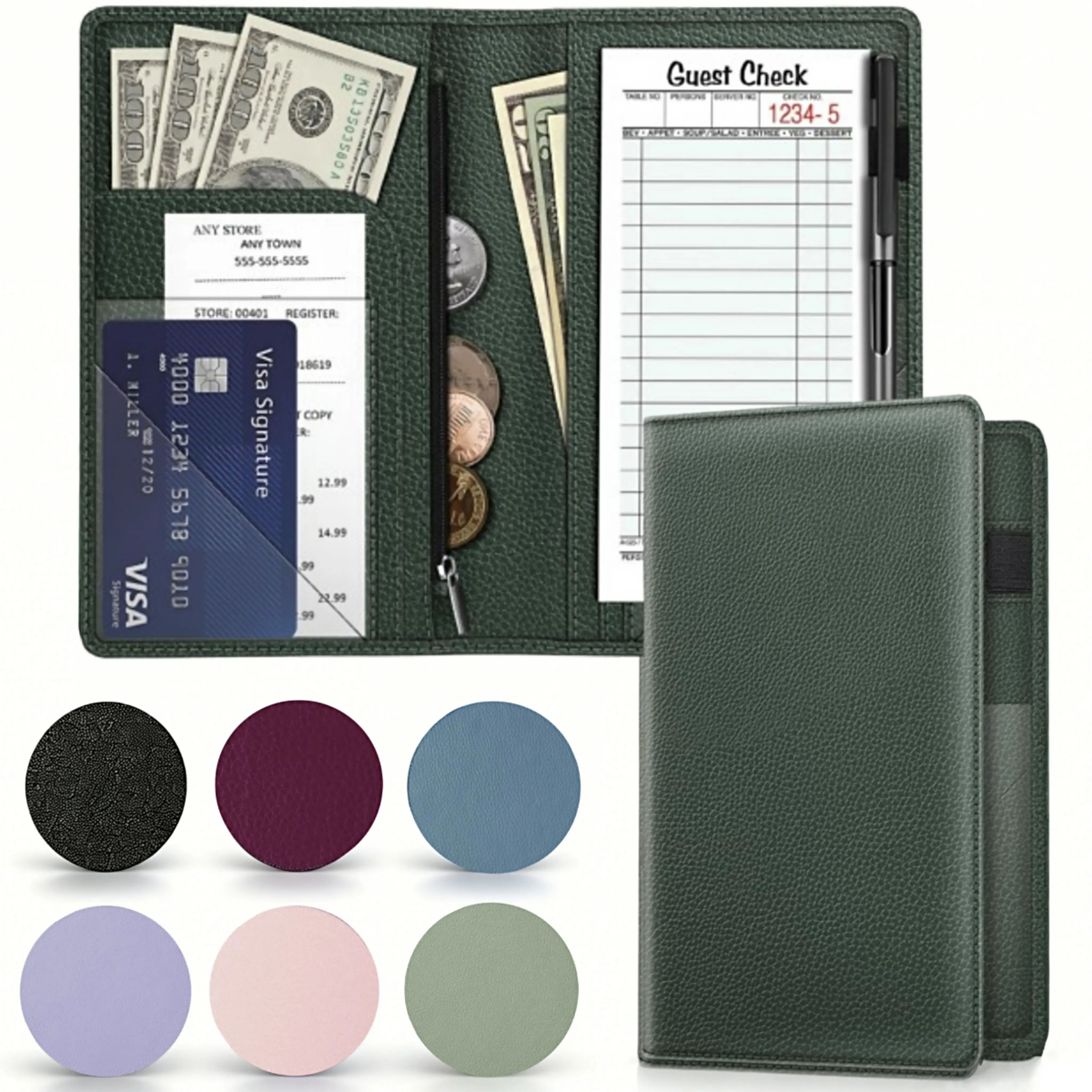 FINTIE PU Leather Compact Server & Bartending Book Organizer - Restaurant Guest Check Presenter, Slim & Practical Service Tool with Zipper Pocket, Integrated Calendar, Card Holder, Durable Polished Look for Busy Shifts (Office Stationery, Check Storage),