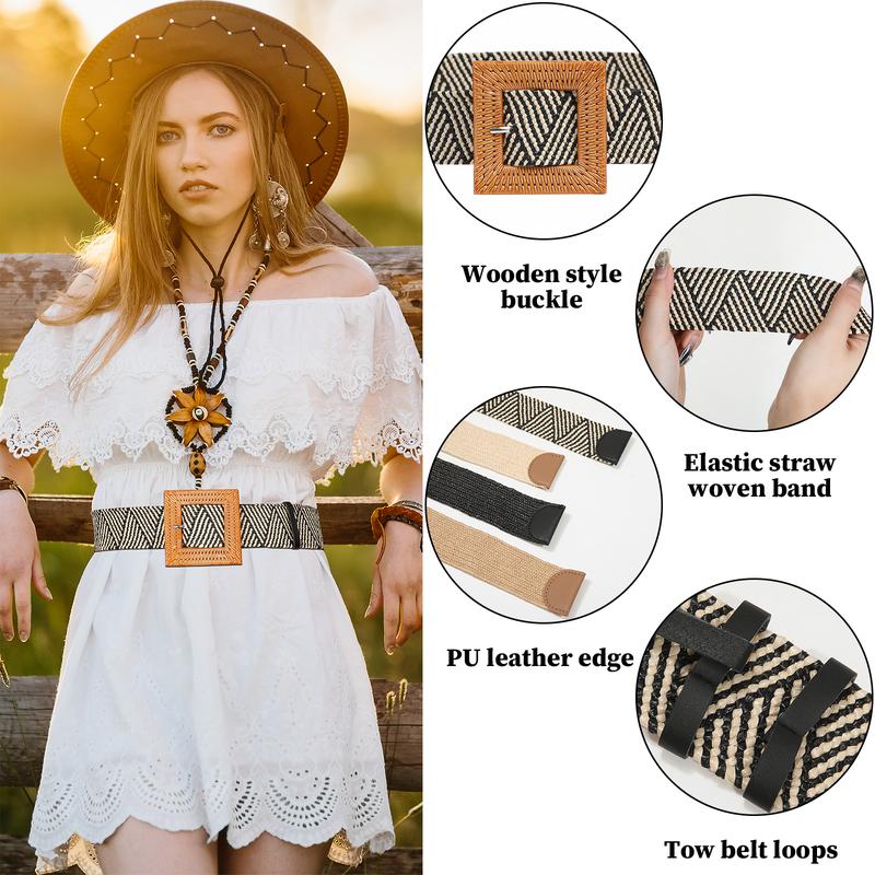 AWAYTR Fashion Elegant Women Elastic Belt Round Buckle Vintage Boho Straw Woven Belt Dress Belt TikTokShopBlackFriday