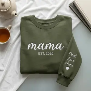 Personalized Embroidered Mama Est Year Sweatshirt with Kids Names on Sleeve, Mother’s Day Gift,  Birthday Gift for Mom, New Mom Gift