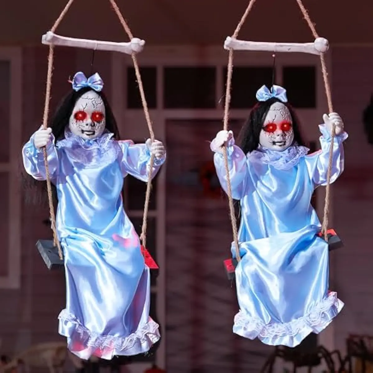 2 Pcs Hanging Ghosts Halloween Decorations Outdoor, 3ft Blue Swinging Creepy Sister Ghost with LED Red Light Eyes Creepy Girl Twins Doll Decor for Indoor Flying Props for Yard Patio Lawn Garden