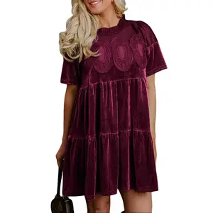 Women's Velvet Lace A-Line Babydoll Dress - Scallop Neck Pleated Swing Mini Dress, Casual Flared Skirtall for Wedding & Daily Wear