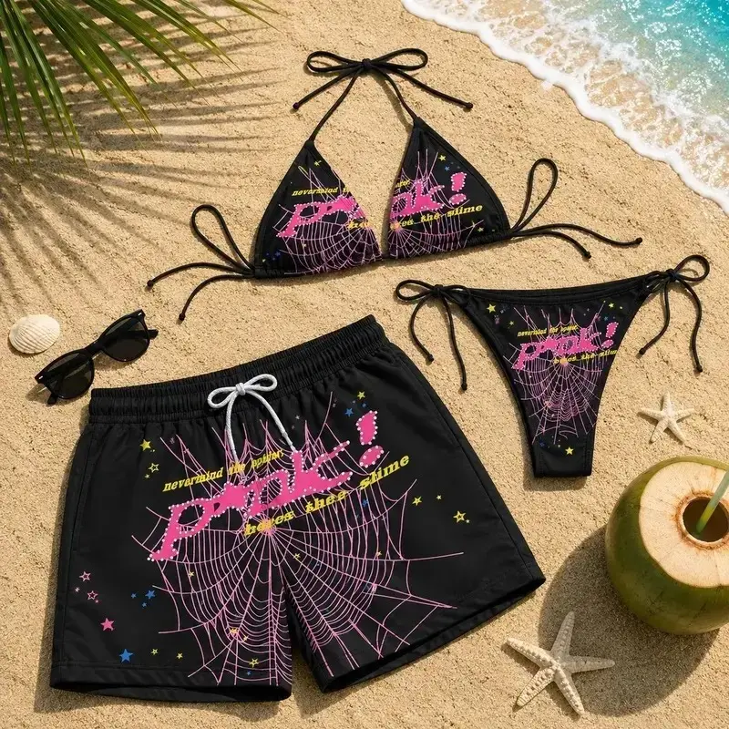Matching Couple Pink Spider Web Swimwear Set, Y2K String Bikini for Women & Men’s Swim Trunks, Spider Web Beachwear, Summer Vacation Outfit, Honeymoon Gift for Couples