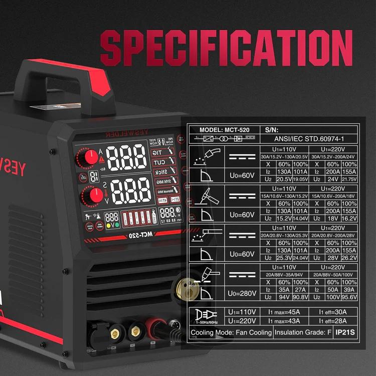 YESWELDER MCT-520 110/220V Welder & Plasma Cutter Combo | MIG/Flux Core/HF CUT/HF TIG/Stick/Aluminum Spool Gun 6-In-1 Welding Machine | 200A MIG TIG MMA & 50A CUT