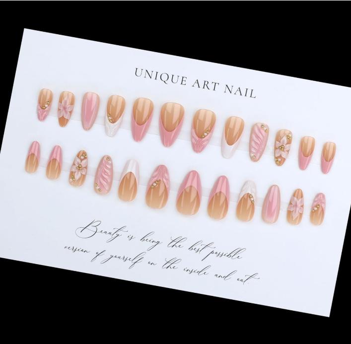 3D Pink Press on Nails Almond - Medium French Tip Fake Nails with Embossed Flower&Gold Bead Designs, Glossy Finish Reusable False Nails with Glue Tabs - 24Pcs Nail Kit for Women Manicure