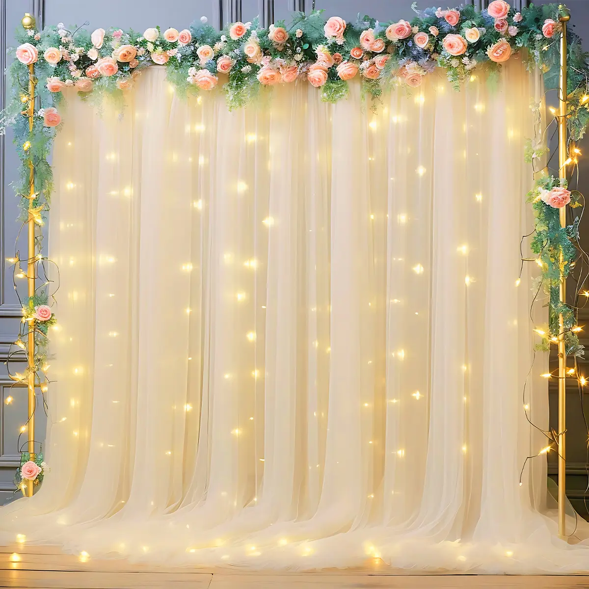 1set Colorful Transparent Sheer Backdrop Curtains with Champagne Lights (9.84ft x 7.05ft), Champagne, Sky Blue, Pink, White, Green, Purple, for Baby Shower, Wedding, Home Room Decoration & Photobooth Props
