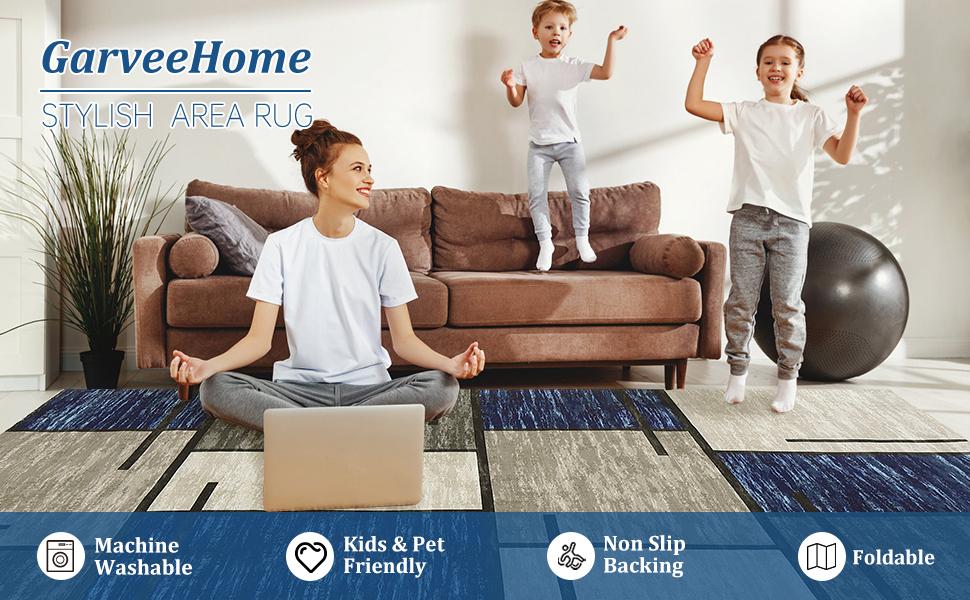 【GARVEE】Washable Rugs 8 x 10 Rug for Living Room Modern Geometric Rug Non Slip Navy Rug Soft Floor Mats Large Area Rug Stain Resistant Carpet for Bedroom Dining Room Nursery Blue/Taupe 8'x10'