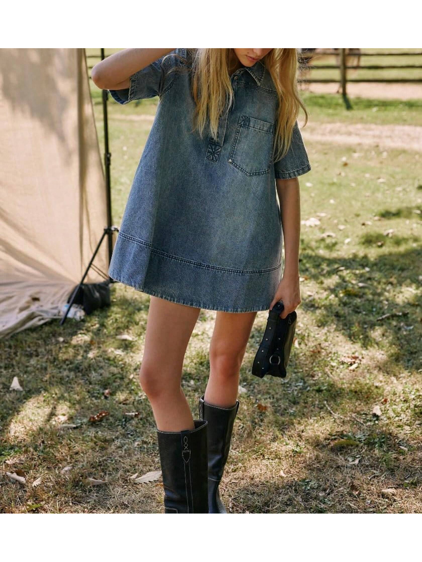 Elengatine Women's Denim Shirt Mini Dress - Short Sleeve A-Line Swing Fit with Button Half-Placket and Chest Pocket, Soft Washed Jean Fabric, Back Yoke with Pleated Detail for Extra Movement & Shape, Easy Throw-On Outfit for Summer Brunch