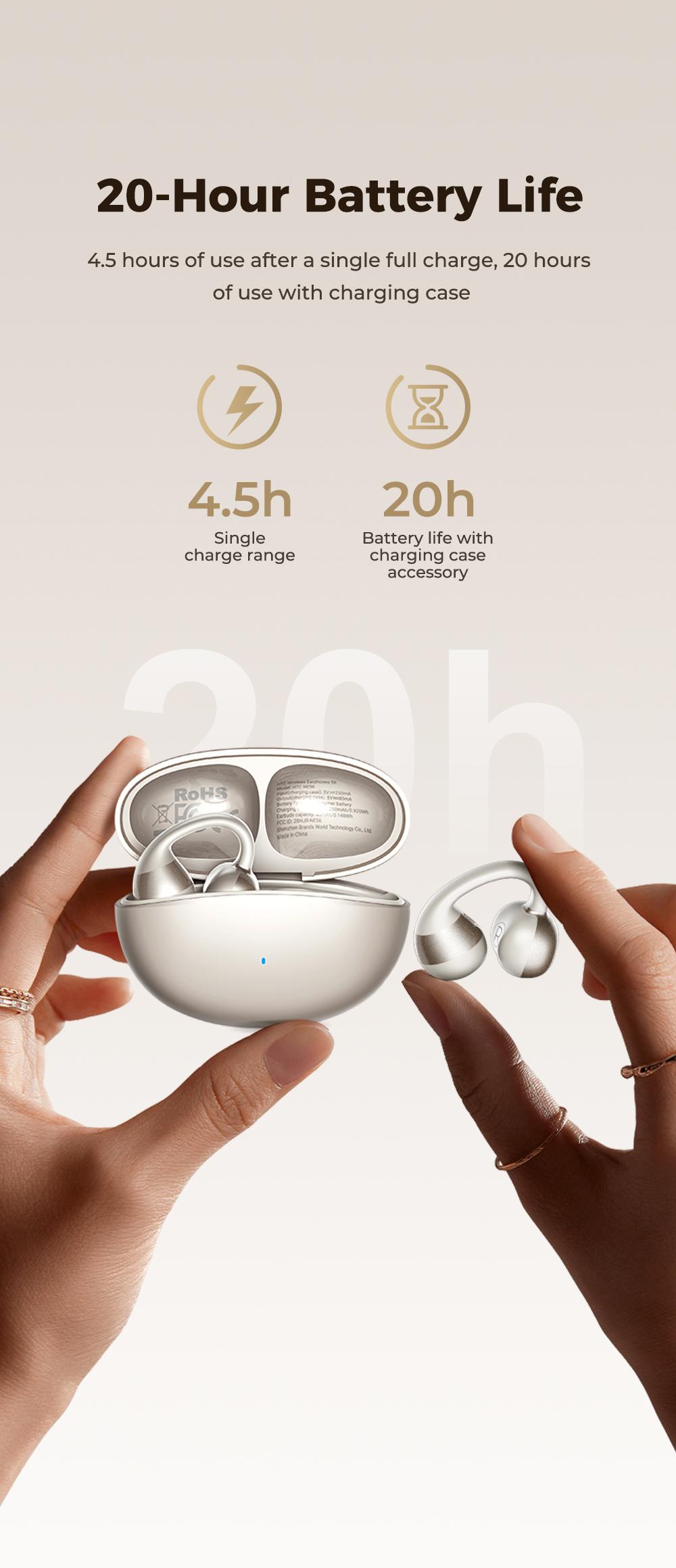 HTC NE56 OWS - New clip-on earphones. Bluetooth headset (6.0), IPX5 waterproof, with charging case and built-in microphone. Super comfortable to wear, excellent sound quality, and a three-month warranty! Suitable for a variety of occasions.