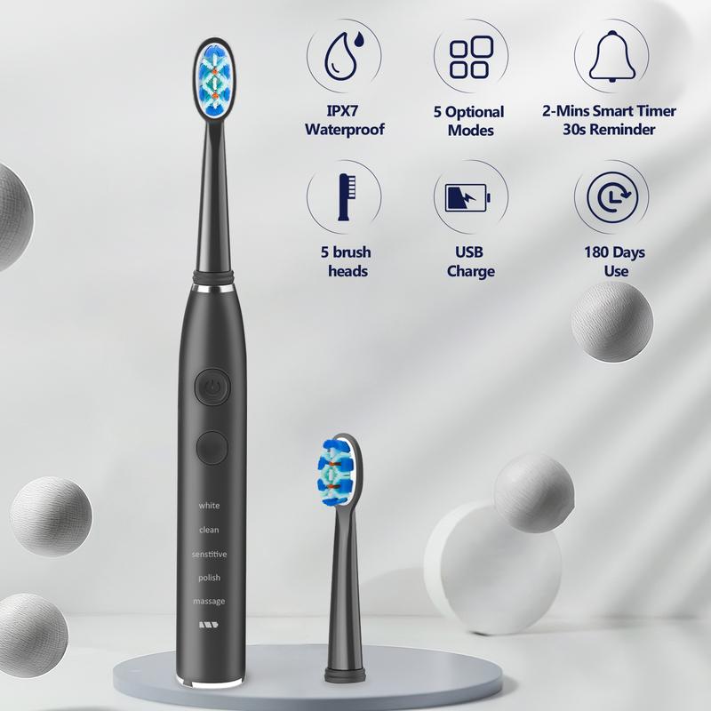 Sonic Electric Toothbrush, 5 Cleaning Modes, IPX7 Waterproof, 180-Day Battery Life, with 5 Brush Heads & Travel Case