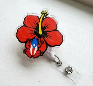 Flor de maga con coqui badge reel Puerto Rico ID holder