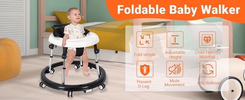 Baby Walker Foldable with 9 Adjustable Heights, Baby Walkers and Activity Center for Boys Girls Babies 7-18 Months, Portable Wheeled Baby Activity Walker