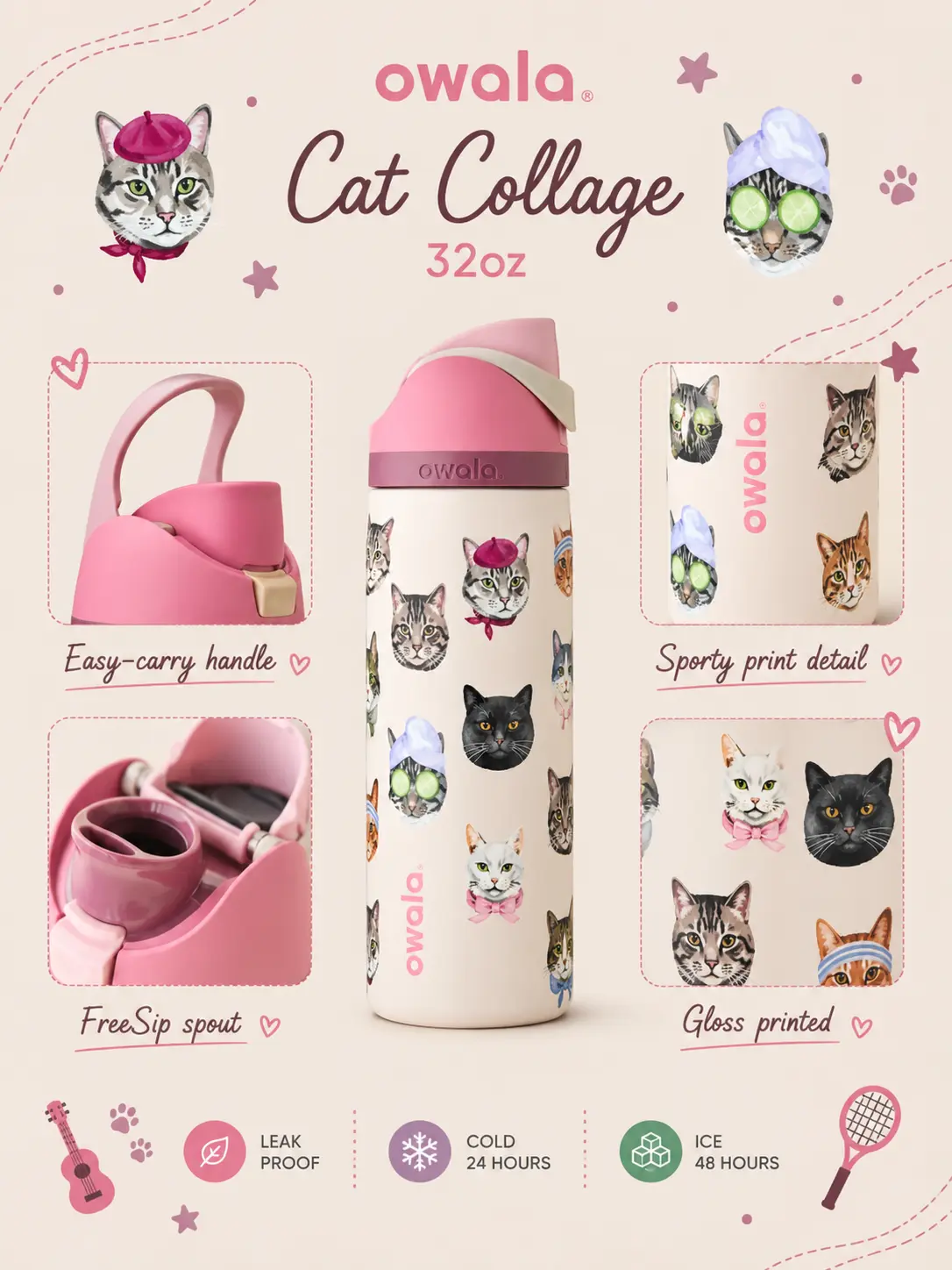 Owala Cat Collage 32oz FreeSip Water Bottle – UO Exclusive Cute Kitty Edition Insulated Stainless Steel Leakproof Tumbler