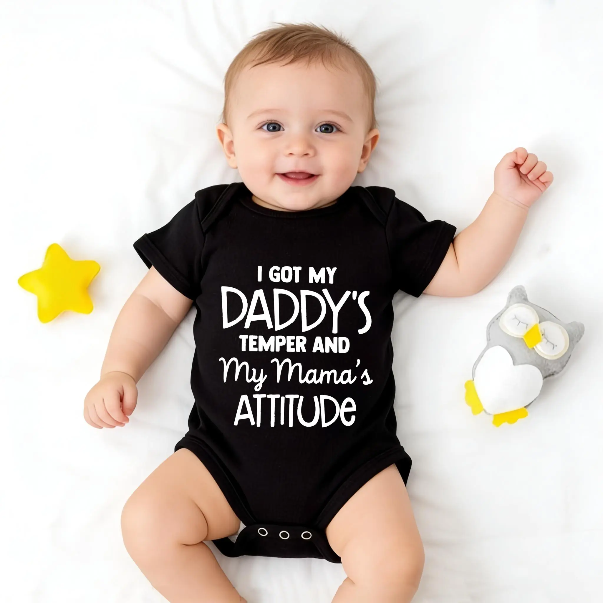 Gender Neutral Style Funny Baby Bodysuit - "I Got My Daddy's Temper And My Mama's Attitude" - Cute Parent Trait Newborn Romper, Baby Shower Gift for Boys & Girls