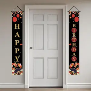Chinese Japanese Happy Birthday Banner, Hibachi Party Decorations, Red Gold Black Theme, Oriental Style