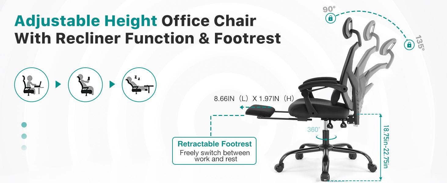 Sweetcrispy Plus Mesh Office Chair, with Lumbar Pillow & Retractable Footrest, with Padded Armrests and Adjustable Headrest, Height Adjustable