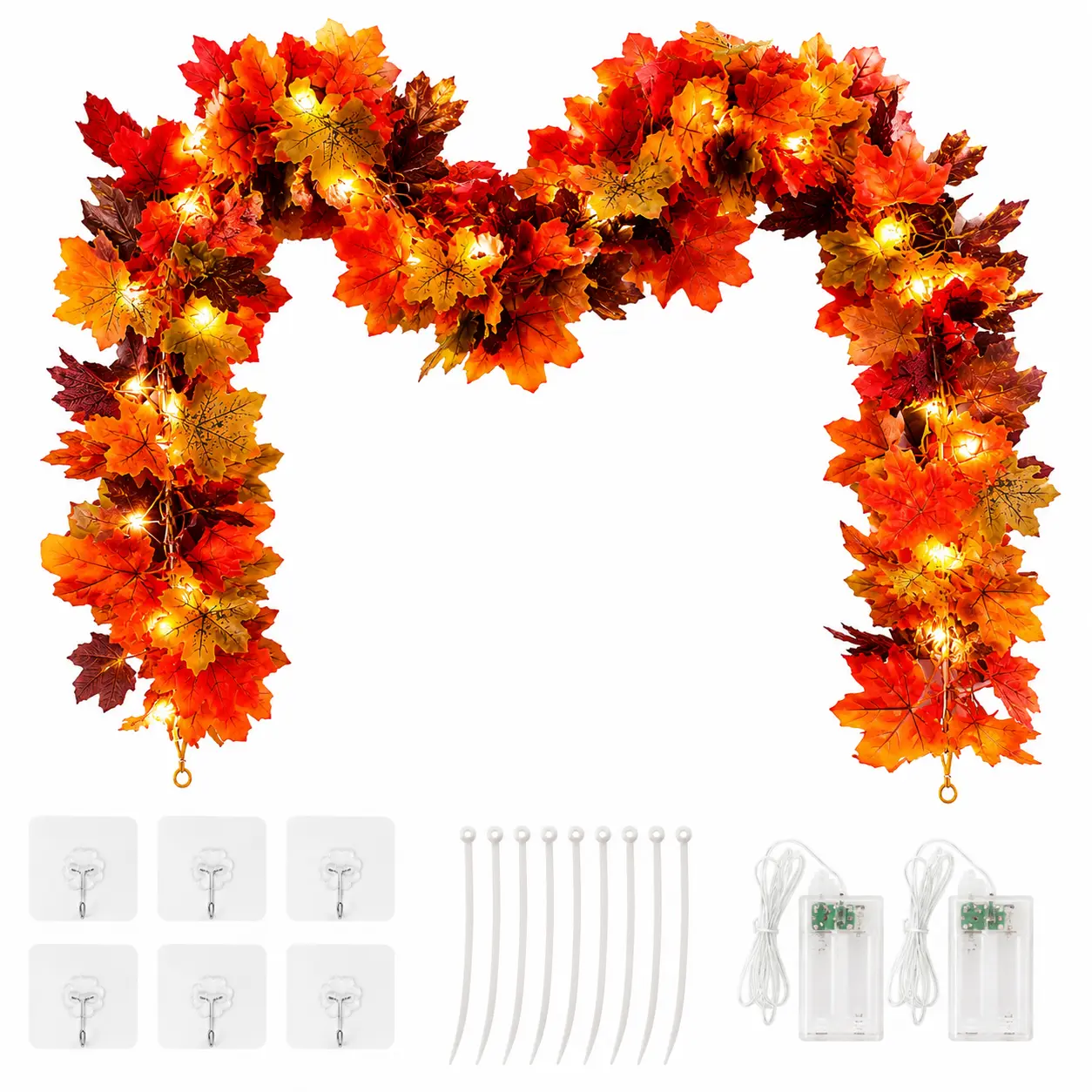 11.48 FT Fall Maple Leaf Garland with Lights, Thanksgiving Decorations for Home, Autumn Garland with Hooks & Zip Ties for Fireplace Mantel Indoor Outdoor Decor