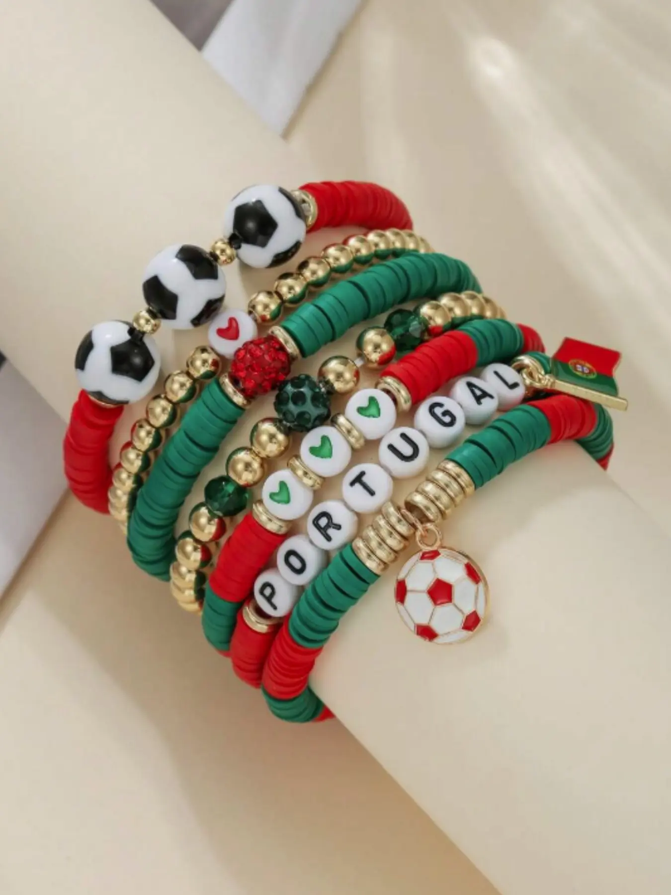 7-Piece Portugal Soccer Fan Bracelet Set, Handcrafted Soft Clay & Football Shamballa Beads, Ccb Heart Charms, Matching Heart Bracelets, Gift for Football Lovers