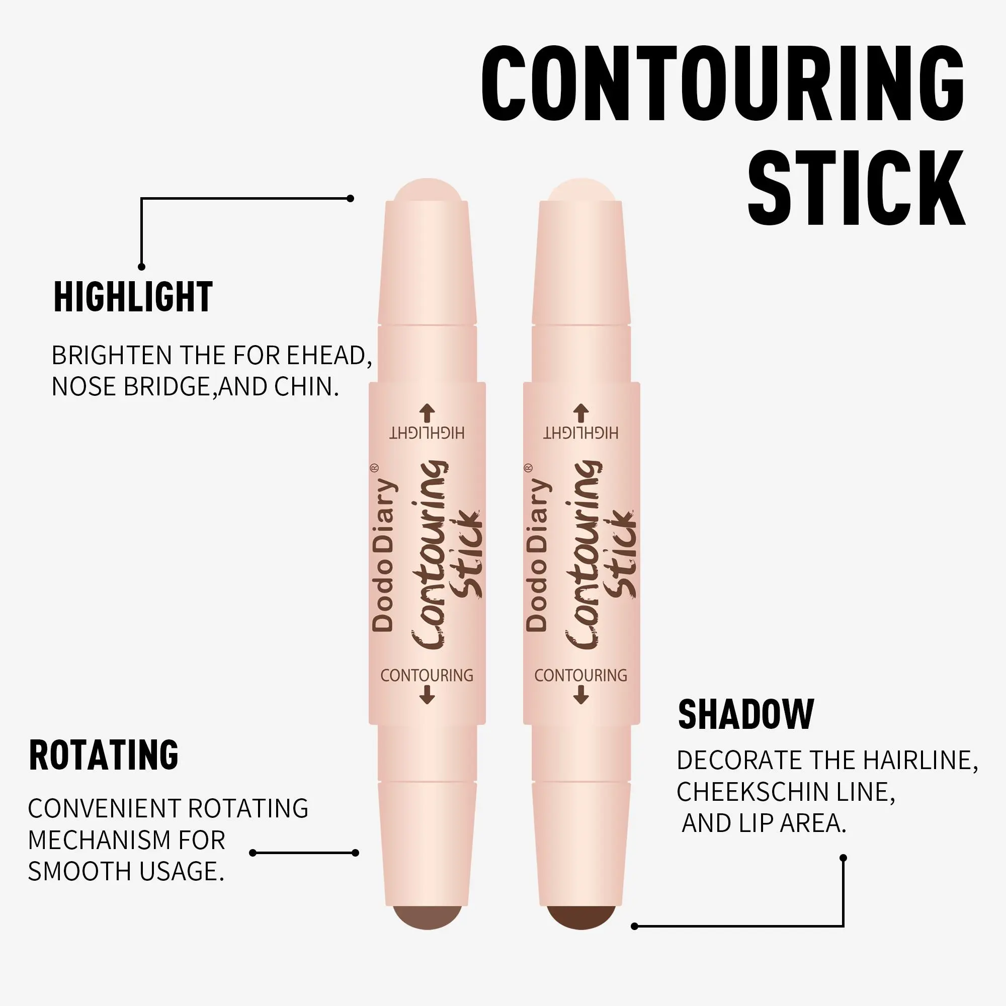 Dodo Diary Dual-Ended Contour Stick, 2-in-1 Highlighter & Contouring Cream Stick, Long Lasting Waterproof Face Shaping Bronzer Stick, Blendable Contour Makeup for Beginners