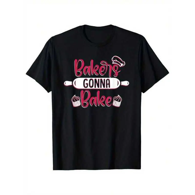 Men's Matching Round Neck Graphic T-Shirt - Bakery Theme Casual Wear, Funny "Bakers Gonna Bake" Print with Bakery Tools, Breathable Fabric Lightweight Loose Menswear Top for Chefs, Black Lettering
