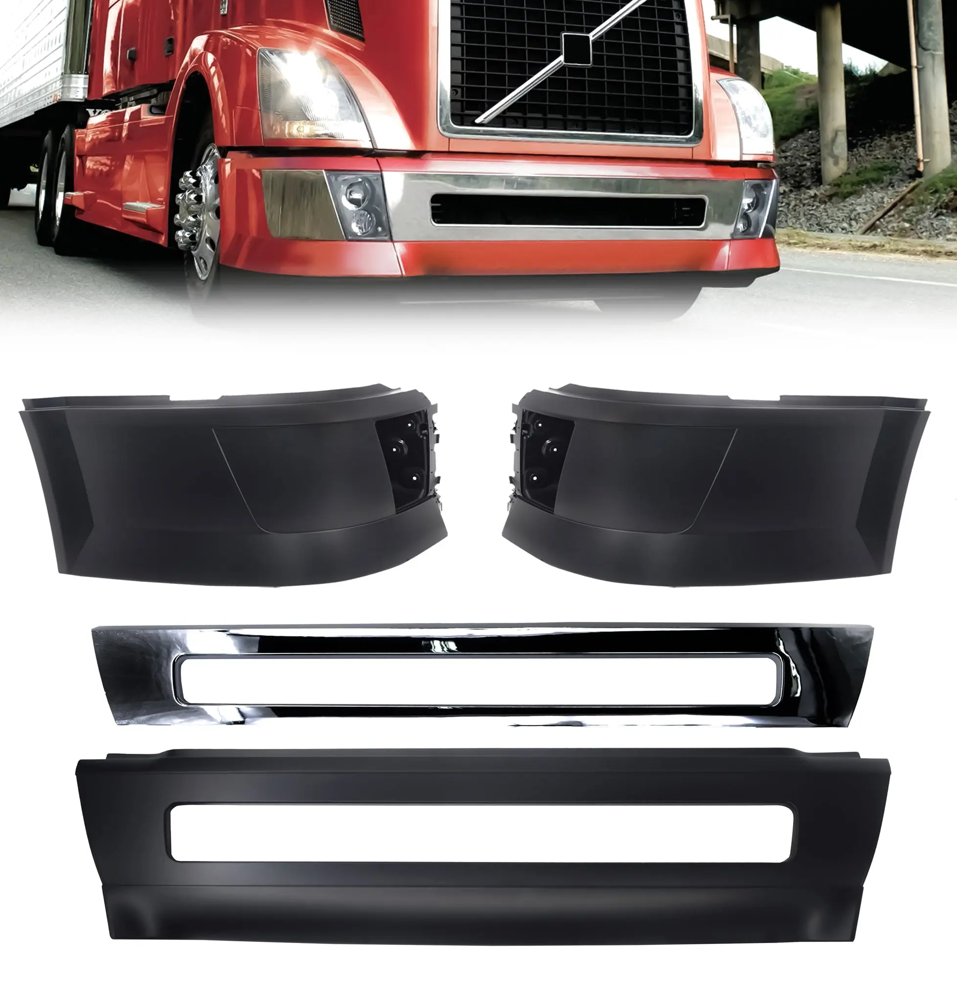 TORQUE Direct Fit OEM-Quality Front Bumper Set with Fog Light Holes - OEM Fit for 2004-2015 Volvo VNL Semi Trucks, Includes Driver Left (LHD), Passenger Right (RHD) Side Extension Corner Bumpers, Center (TR004, TR011) Auto Replacement Part, Automotive, Pr