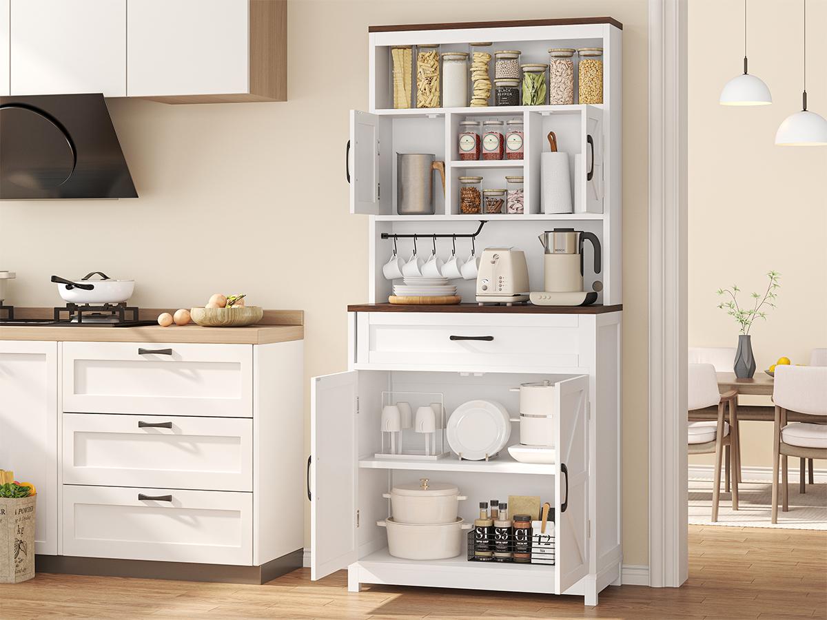 69.3" Tall Farmhouse Kitchen Pantry Cabinet with 2 Barn Doors 1 Drawer & Storage Shelves Wide Countertop Charge Holes for Buffet & Kitchen Hutch 69.3" Tall Farmhouse Kitchen Pantry Cabinet with 2 Barn Doors 1 Drawer & Storage Shelves Wide Countertop Charge Holes for Buffet & Kitchen Hutch