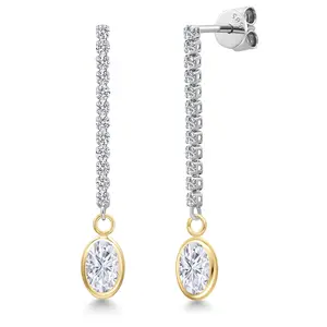 Gem Stone King 14K Two Tone Gold White Moissanite and Lab Grown Diamond Dangle Earrings for Women | 2.16 Cttw | Gemstone Birthstone | Oval 7X5MM