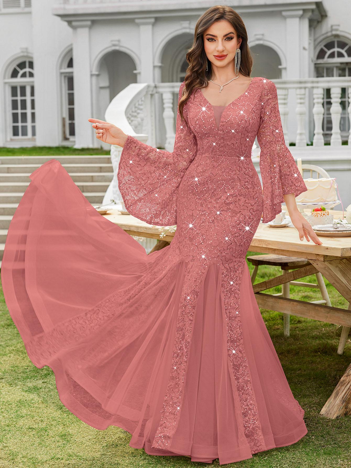 Miusol 24351A Women's Deep V Neck Sequin Floral Lace Mesh Tulle Hem Formal Evening Maxi Dress Navy Blue Elegant Design for Cocktail Parties & Evening Proms Winter wedding guest dress SpringStatements