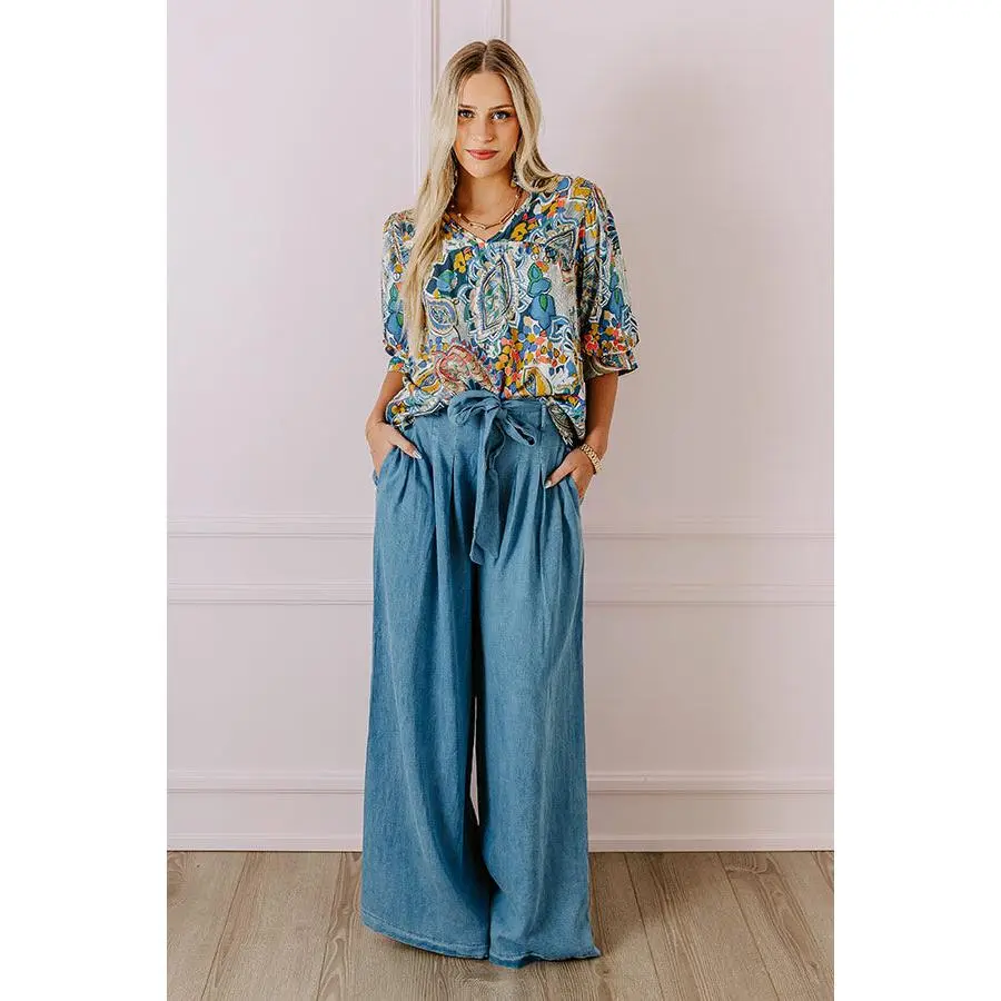 The Serena High Waist Chambray Pants in Medium Wash