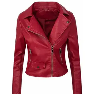 Women's Fall Winter Coat Slim PU Leather Short Zipper Jacket Red Black Brown Outerwear S-5XL