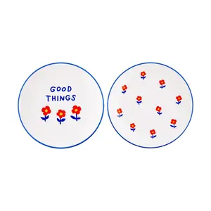 DAILYLIKE Korea Ceramic Round Plate Set - 2pc Ins Style Breakfast & Afternoon Tea Dishware, Small Floral Pattern, 15x15cm