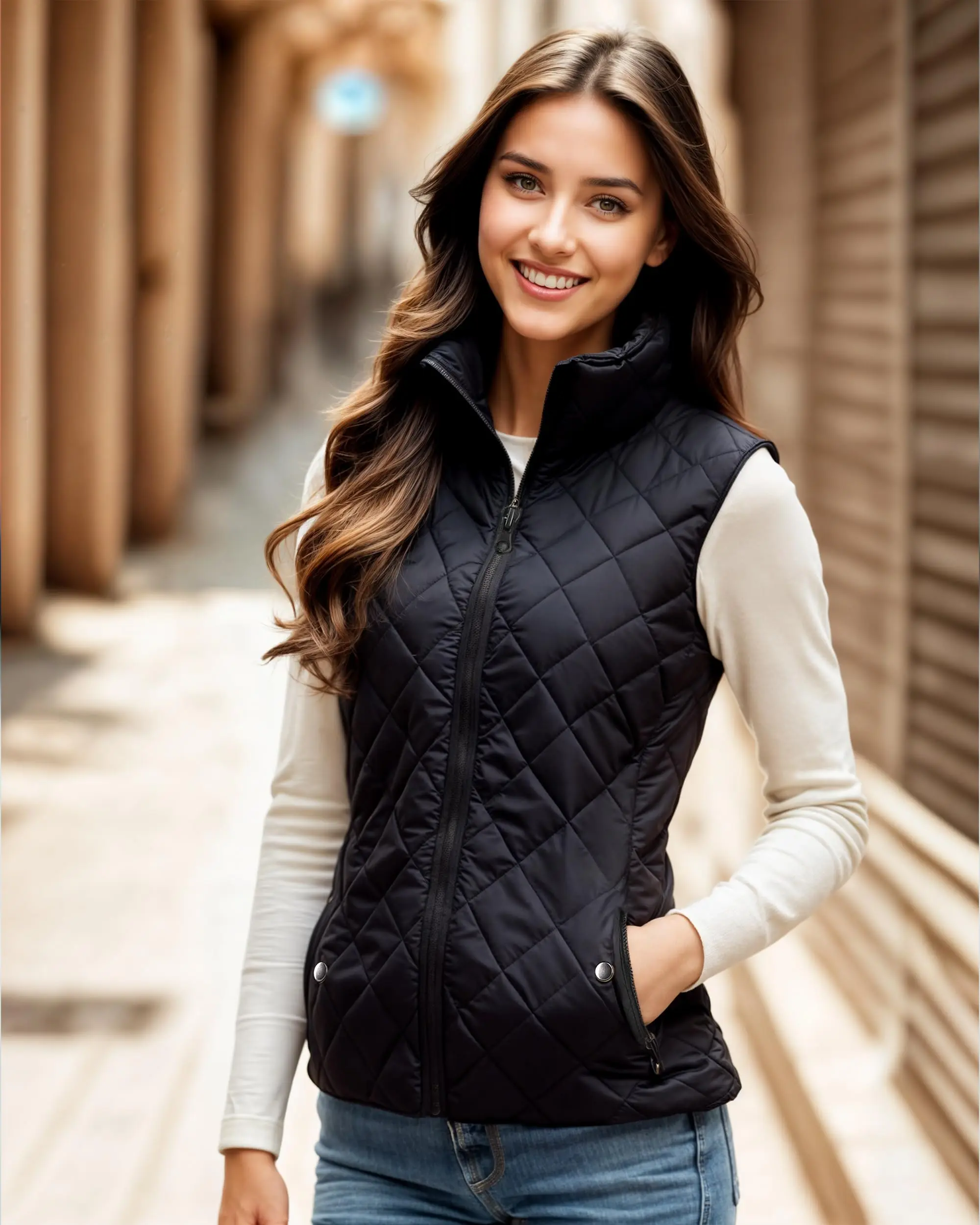 Women's Black Fitted Puffer Vest - Lady's Basic Slim Fit, Lightweight Quilted Zipper Design
