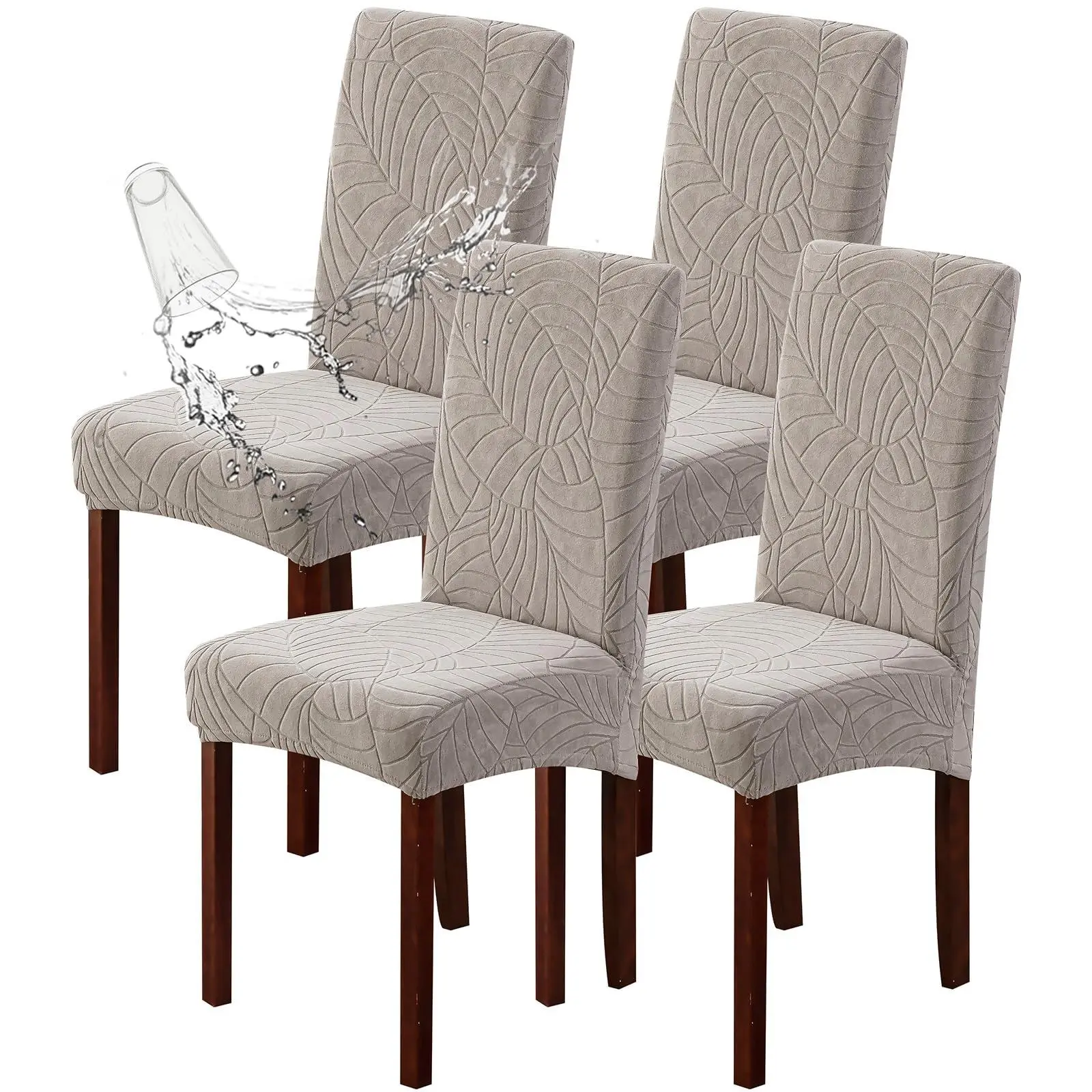 100% Waterproof Chair Covers for Dining Room, Stretch Parson Chair Slipcovers for Kitchen Chairs, Washable Chair Protectors, Leaves-Warm Gray