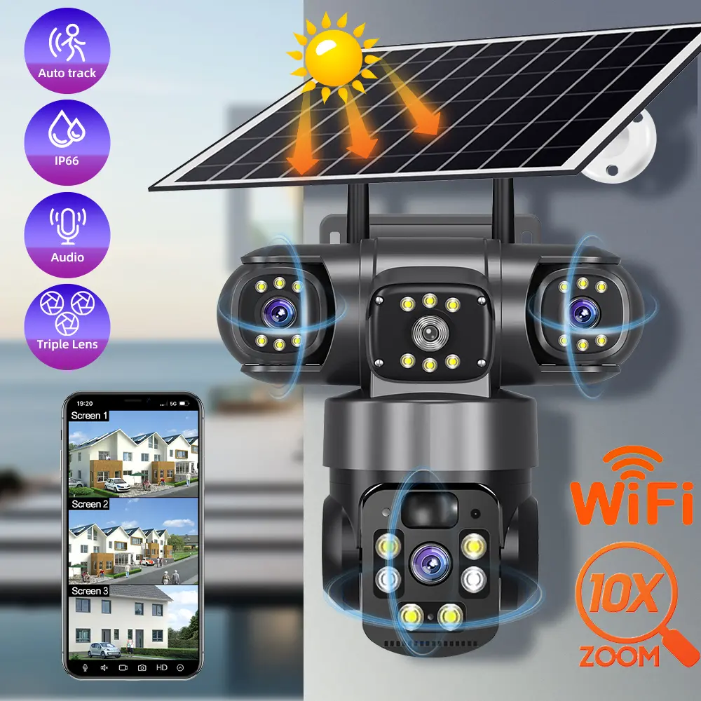 【Summerfinds】9MP Triple Lens Solar Security Camera Outdoor, WiFi PTZ 355° Pan 90° Tilt, PIR Motion Detection, Color Night Vision, Two-Way Audio, 8000mAh Battery, V380 App, IP66 Waterproof