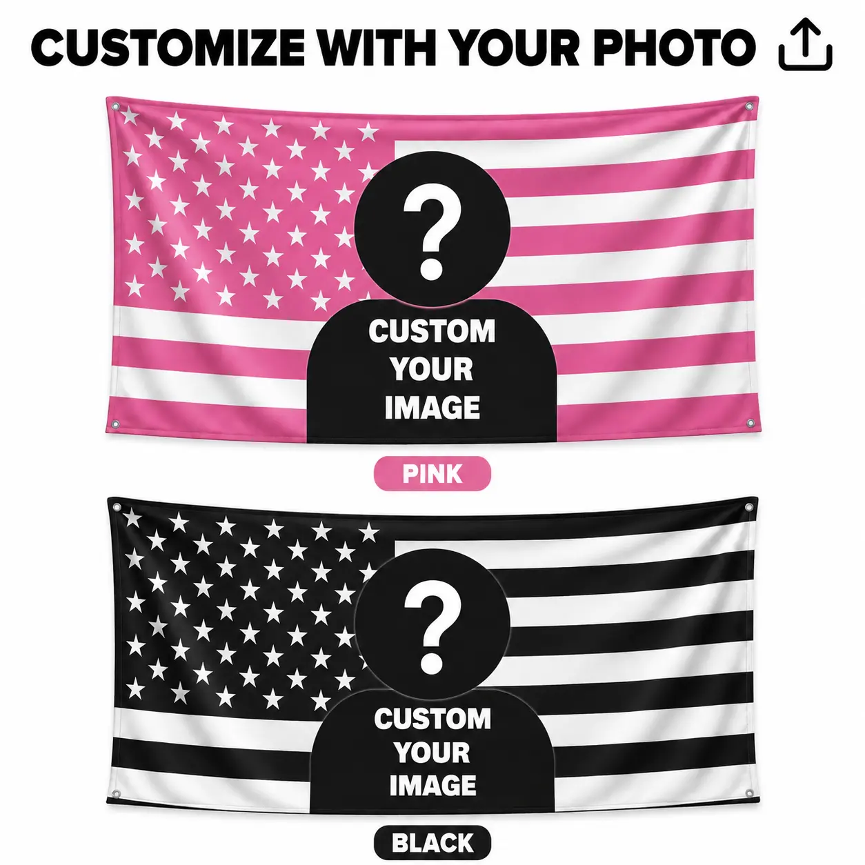 Custom Black or Pink American Flag Tapestry – Personalized Photo Wall Hanging, 40x60 in/40x30 in, Teen College Dorm & Bedroom Decor, Beach House Accessory, Anniversary Gift for Him or Her