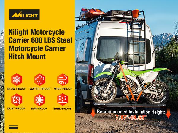 Nilight Motorcycle Hitch Carrier 600LBS, Heavy Duty Dirt Bike Hitch Hauler with 55.11" Longer Ramp, Hitch Pin, Tie-Down Strap and Hitch Tightener, 2" Receiver, 5" Wide Tire