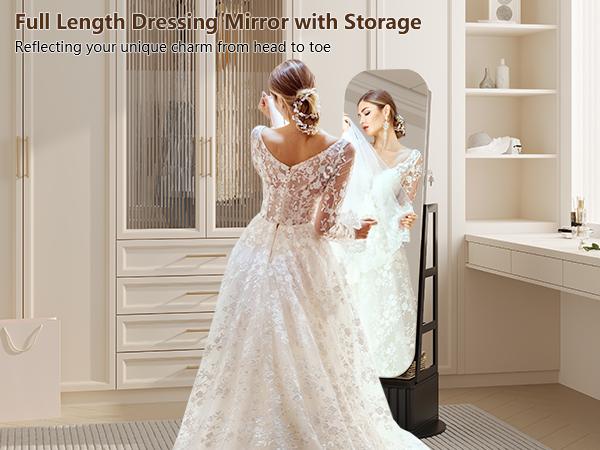 Miuvanity Round-Corner Design Full-Length Mirror with 360° Swivel & LED-Lit Features, Bottom Drawer Storage, Lockable Design living room decor