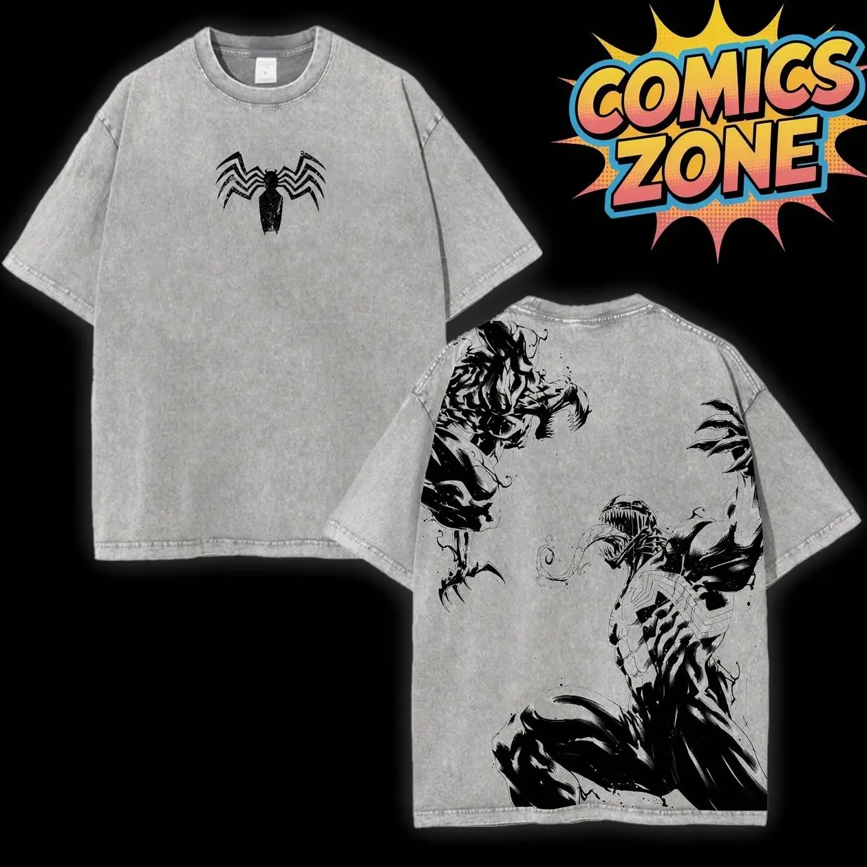 [Comics Zone] Carnage vs Venom Retro Oversized Heavyweight Cotton Vintage Washed Tee, Comics Superhero Shirt, Classic Movie Lover T-shirt, Movie Buff Tee, Film Fan Gift, Vintage Film Buff Gift Shirt For Superhero Fan Menswear Top IKQ RTE