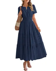 UTCOCO Womens Summer 2026 Casual Midi Maxi Dresses Lightweight Short Sleeve V Neck Elastic Waist Boho Beach Dress Pockets