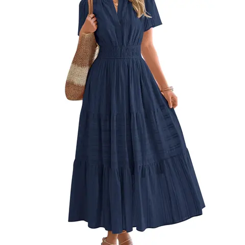 UTCoco Women's Lady Chic High Waist Soft Bohemian Cotton Puff Sleeve Tiered V-Neck Pleated Belted A-Line Midi Dress with Pockets - Casual, Cocktail, Bridal Wear