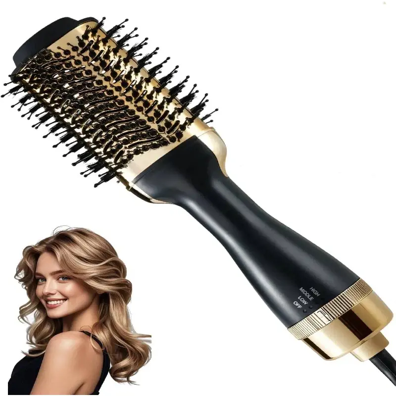 Gold 3-in-1 Unisex Blow Dryer Brush - Negative Ion Anti-Frizz, Ceramic Titanium Barrel, 2 Heat/Speed Settings, Hot Air Hair Styling Tool for All Hair Lengths (Bathroom Home Gadget)