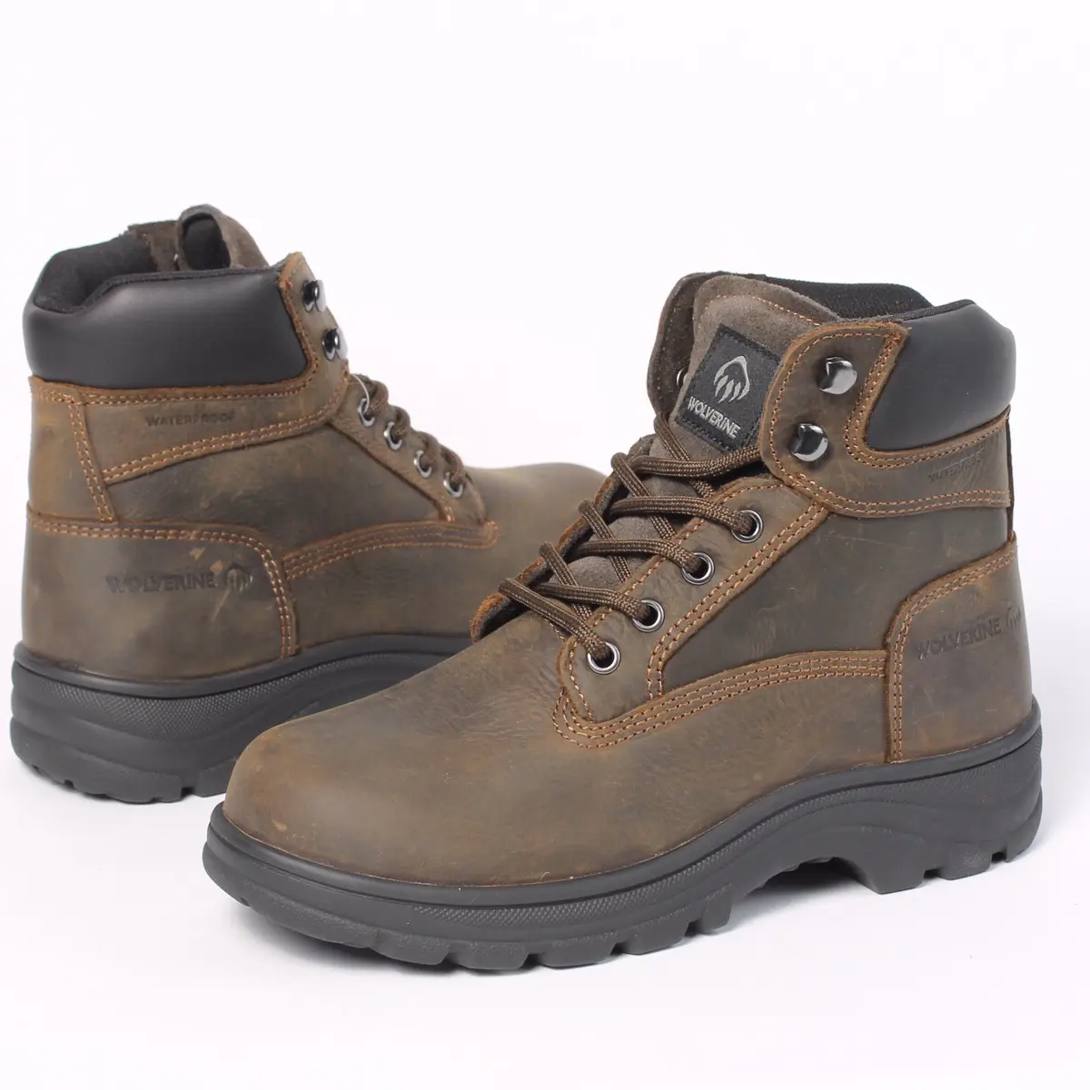 Men's Wolverine Closed Leather Work Boots - Waterproof, Brown, Durable Construction Footwear for Walking