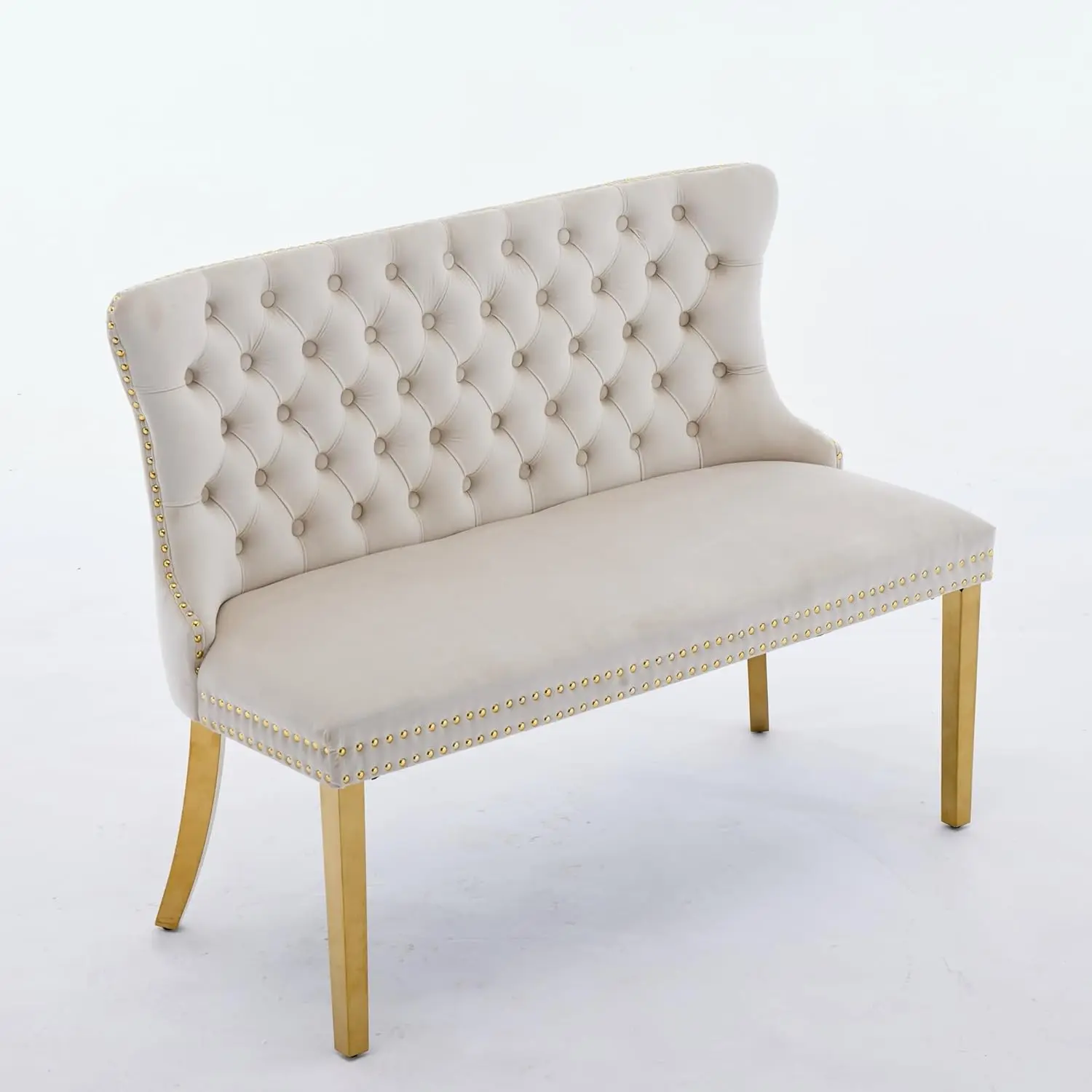 Velvet Double Dining Loveseat Bench with Wing Back, Tufted Upholstered 2-Seat Design,Golden Stainless Steel Legs, Modern Mid-Century Accent Seating for Dining Room, Kitchen, or Entryway (Beige)