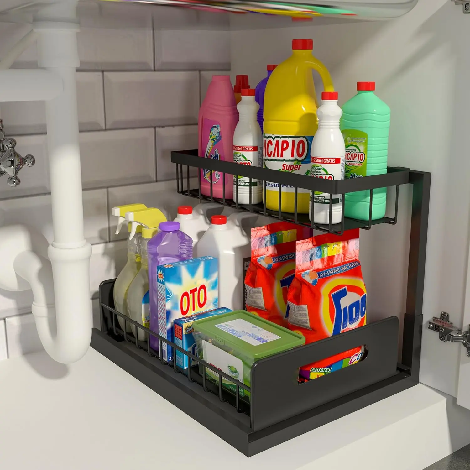 2-Tier L-Shape Steel Pull Out Under Sink Organizer with Slide Out Design - Anti-Rust, Stable, Tool-Free Drawer - 14.2*10.6*11 in, 50 lbs Capacity Bathroom Organizer for Kitchen Cabinets, Spice Storage - Ideal Gift for Mothers